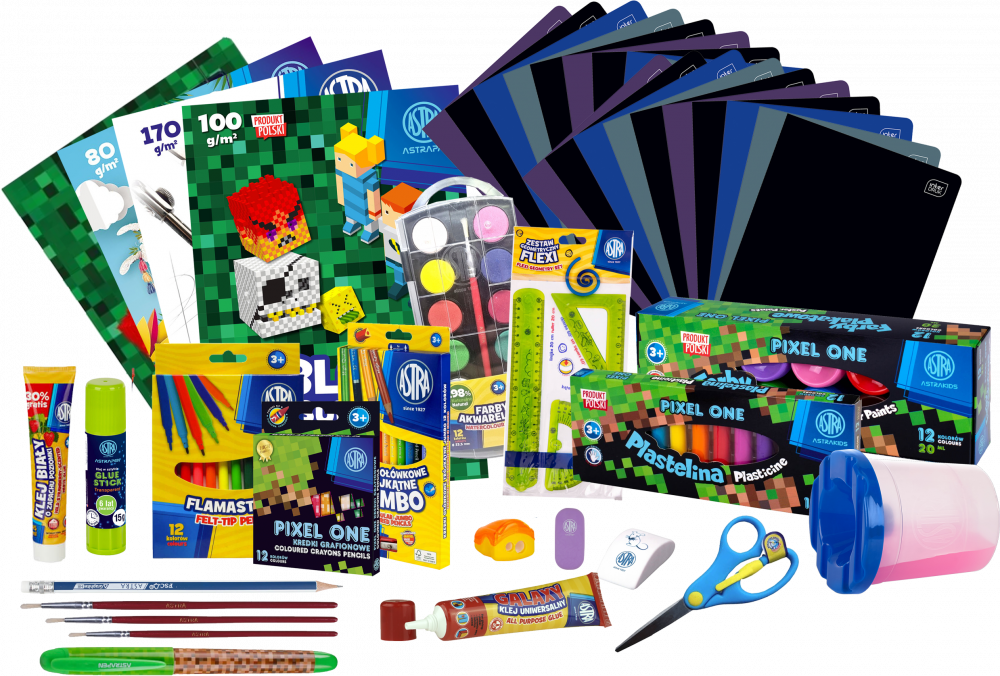 Zestaw: Wyprawka szkolna Astra Pixel One (XL), 27 elementów + 20x Zeszyt w kratkę Interdruk UV One Color, A5, 60 kartek, mix kolorów