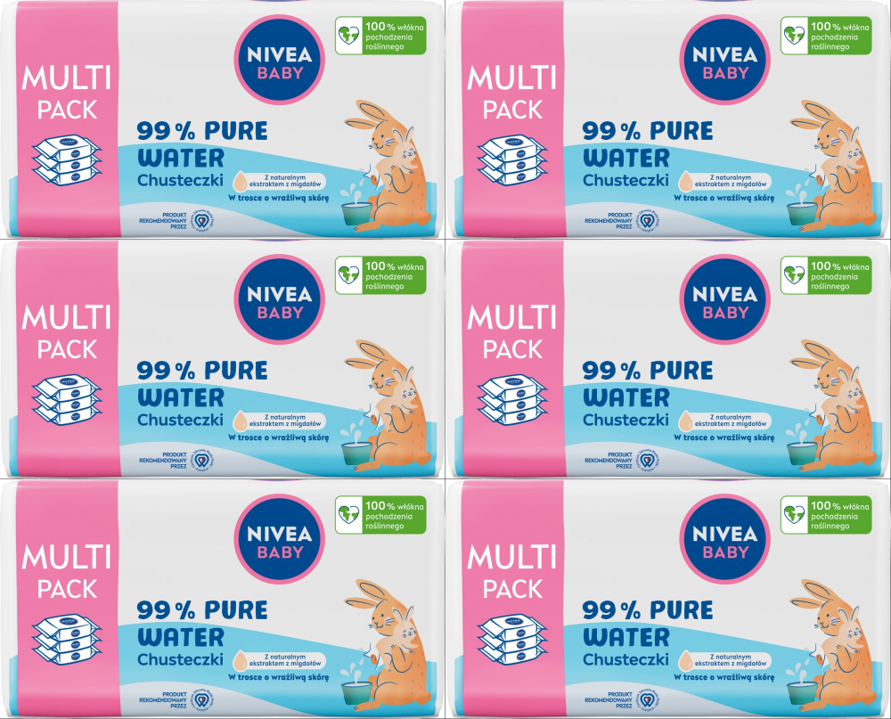 6x Chusteczki nawilżane Nivea Baby 99% Pure Water, 3x75 sztuk