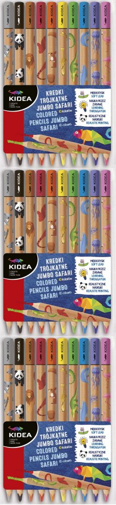 3x Kredki ołówkowe Kidea Jumbo Safari, trójkątne, 10 sztuk, mix kolorów