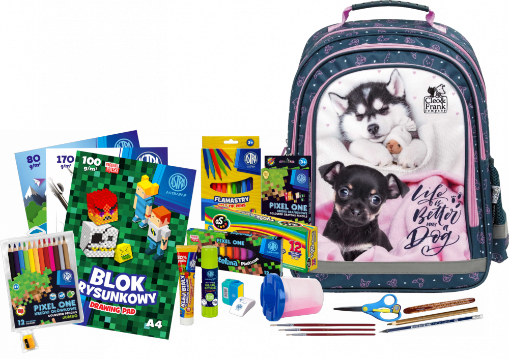 Zestaw: Plecak szkolny Derform 15 B Cleo&Frank 38 (Pies), dwukomorowy, 18l, 38x28x18cm, granatowy + Wyprawka szkolna Astra 21 elementów