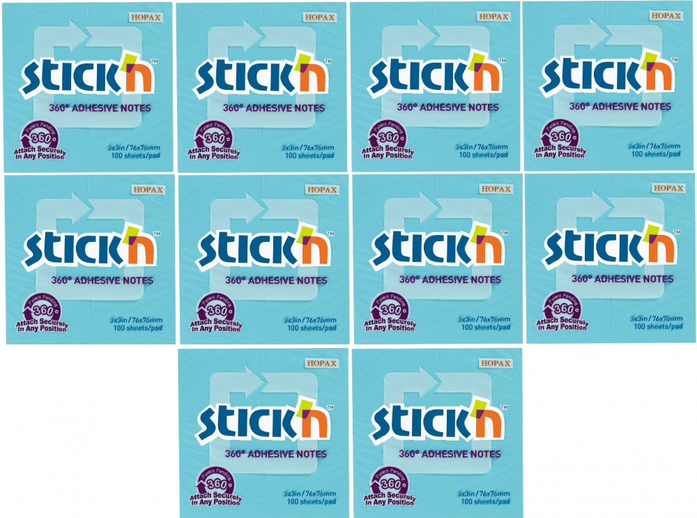 10x karteczki samoprzylepne Stick'n 360 stopni, 76x76mm, 100 karteczek, niebieski pastelowy
