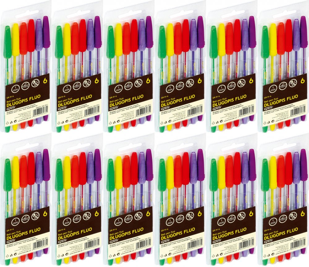 12x Długopis biurowy Grand GR-91 Fluo, 1mm, w etui, 6 sztuki, mix kolorów