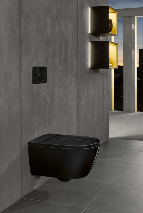 Villeroy & Boch ViClean Combi-Pack miska WC myjąca wisząca bez kołnierza CeramicPlus z deską Glossy Black V0E100S0 - Wysyłka w 24h
