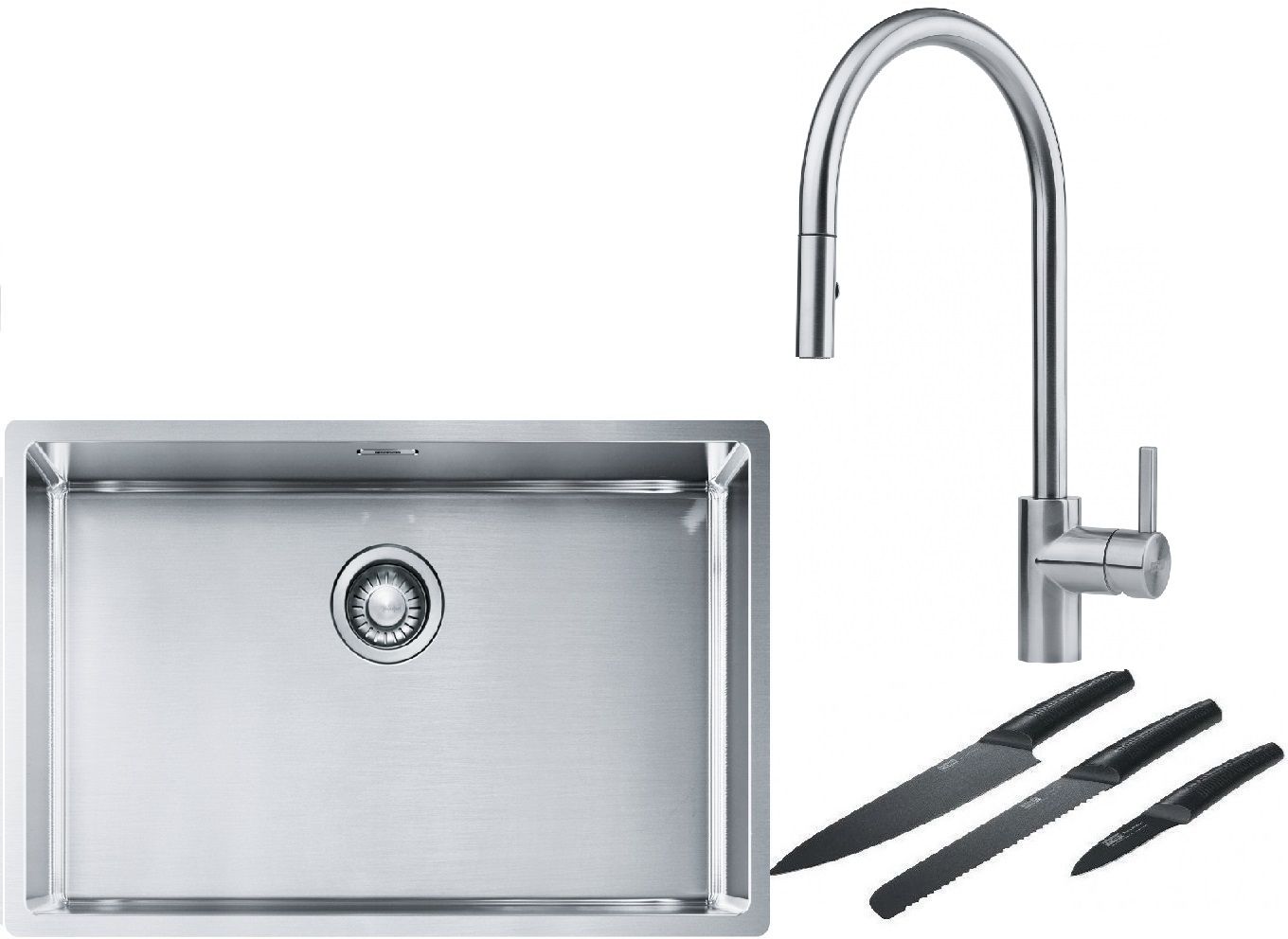 Franke Box BXX 210/110-68 zlewozmywak 72,5x45 cm stalowy z baterią kuchenną Eos stal szlachetna i zestawem noży kuchennych (1270453658, ... - Wysyłka 