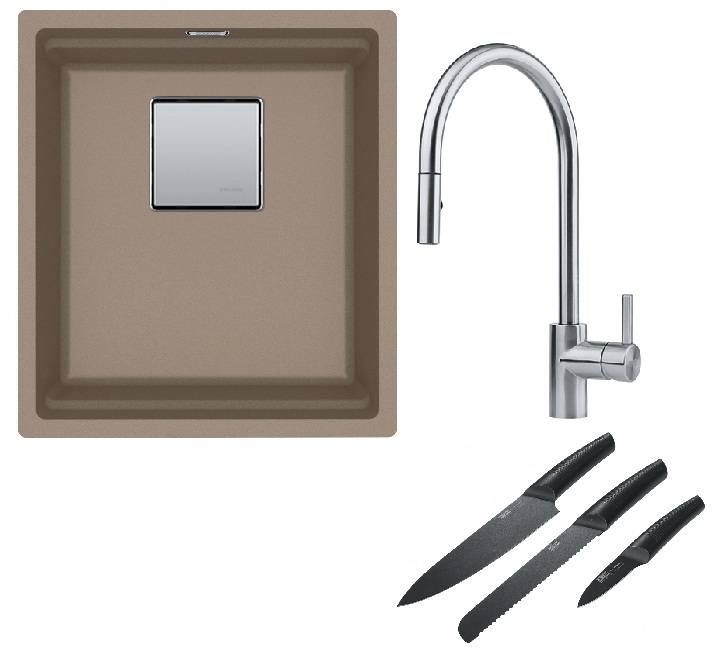 Franke Kanon KNG 110-37 zlewozmywak 37x42 cm Fragranite cappuccino z baterią kuchenną Eos Neo stal szlachetna i zestawem noży kuchennych ...