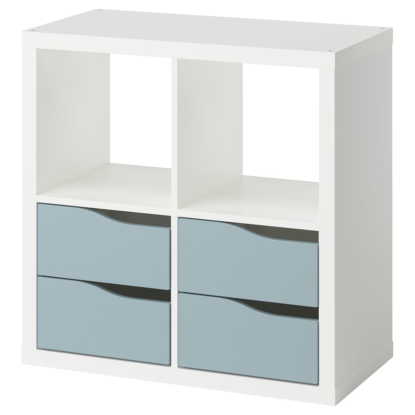IKEA KALLAX regał, z 4 szufladami biały/jasny szaroniebieski fala, 77x77 cm