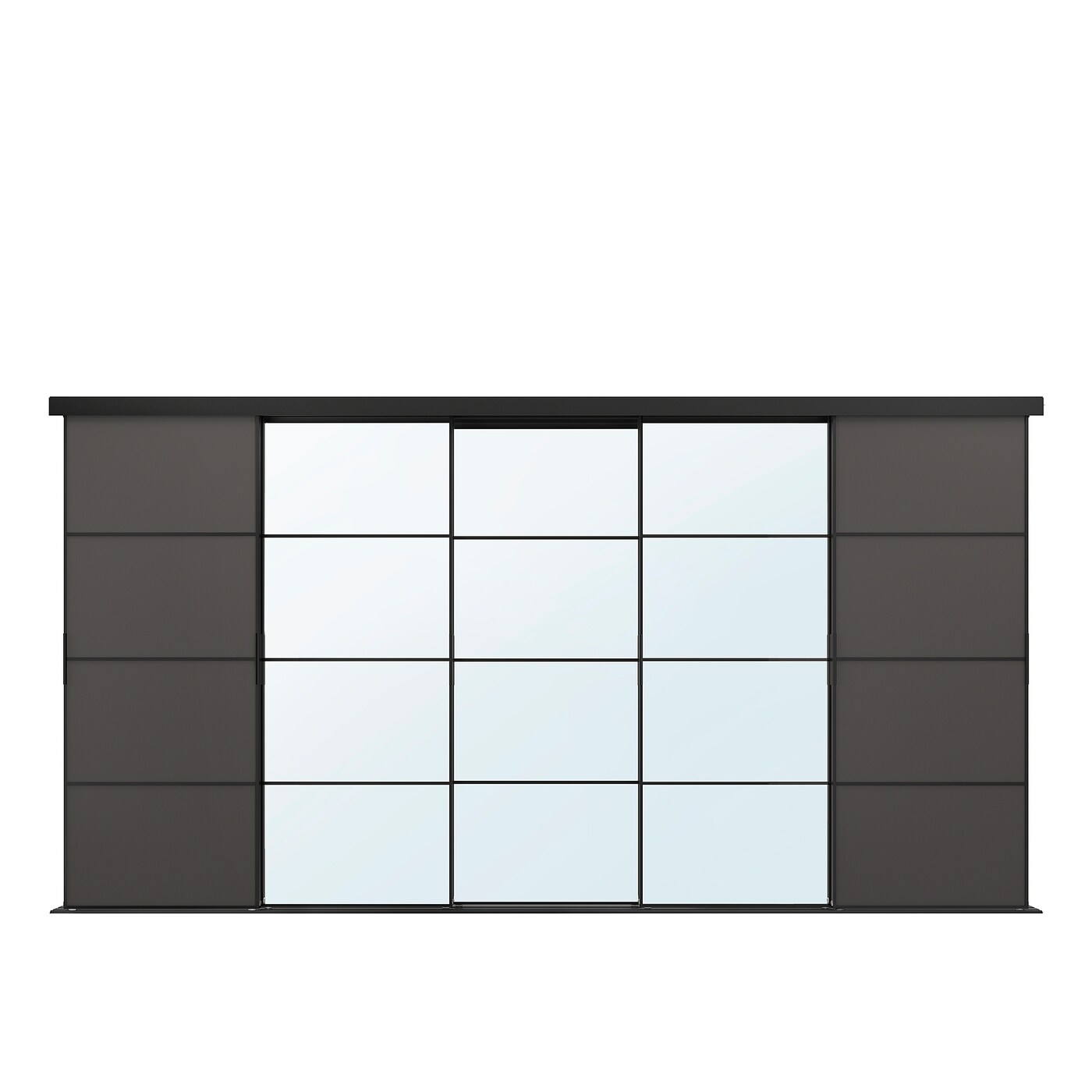 IKEA SKYTTA / MEHAMN/AULI kombinacja drzwi przesuwnych, czarny/ciemnoszary lustro, 376x205 cm