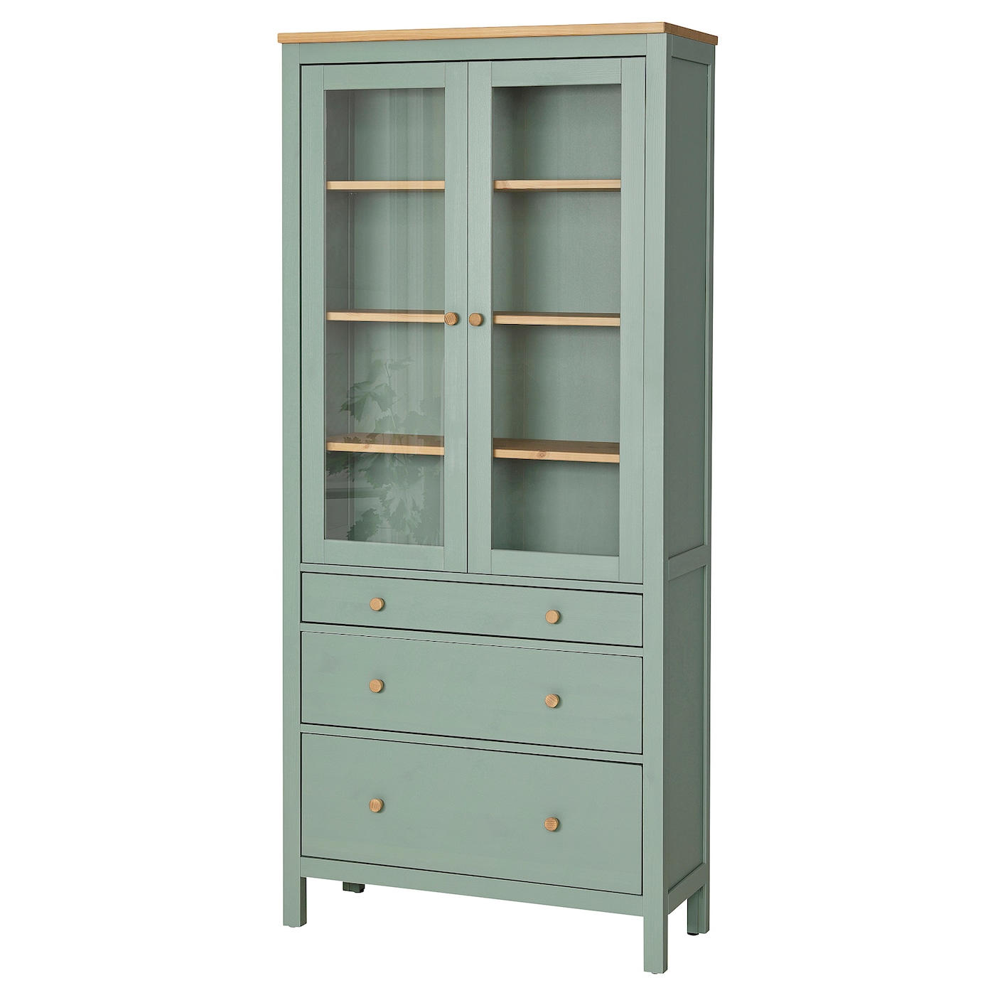 IKEA HEMNES witryna z 3 szufladami, szarozielony/bejca jasnobrązowa, 90x197 cm