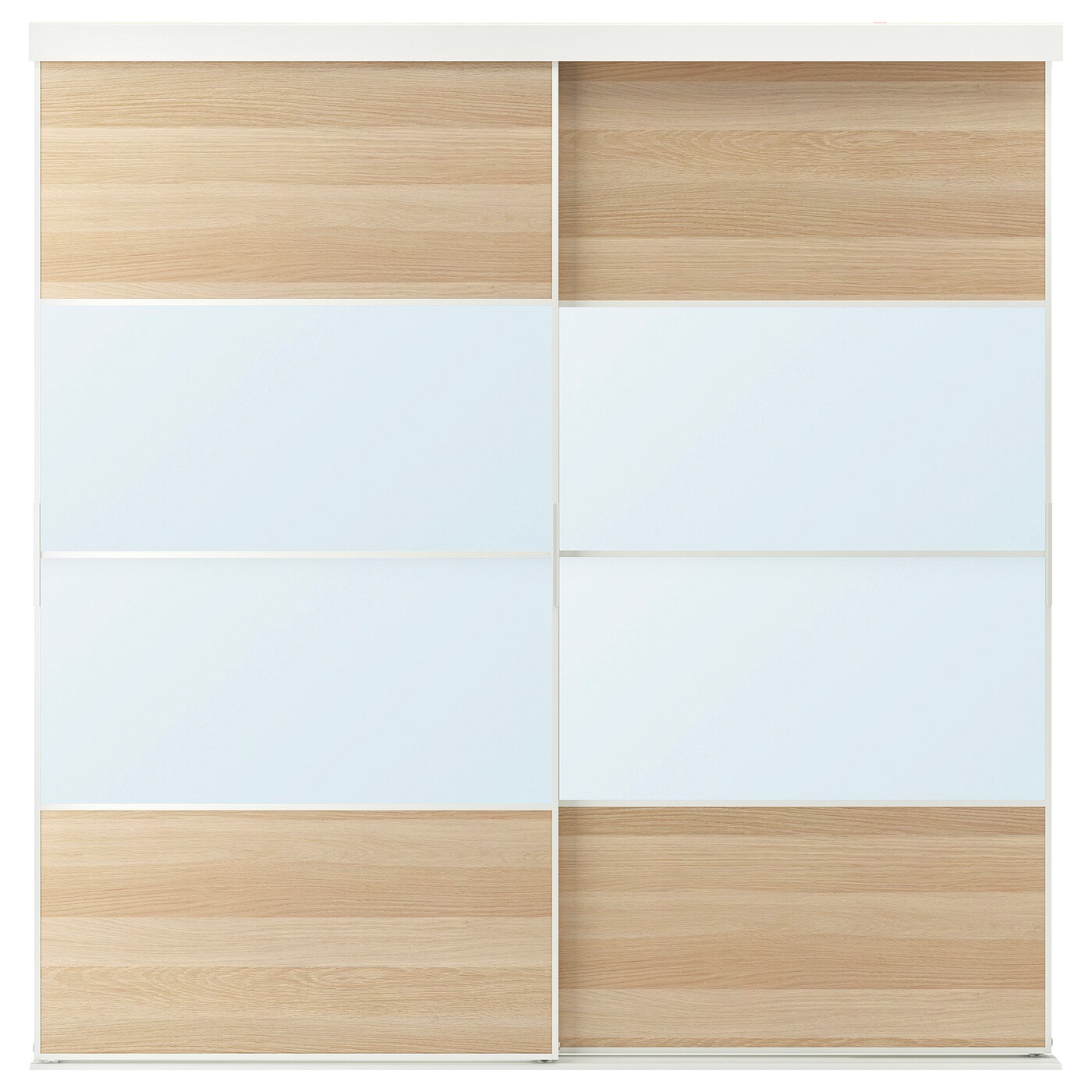 IKEA SKYTTA / MEHAMN/AULI kombinacja drzwi przesuwnych, biały/imitacja dębu bejcowanego na biało lustro, 202x205 cm