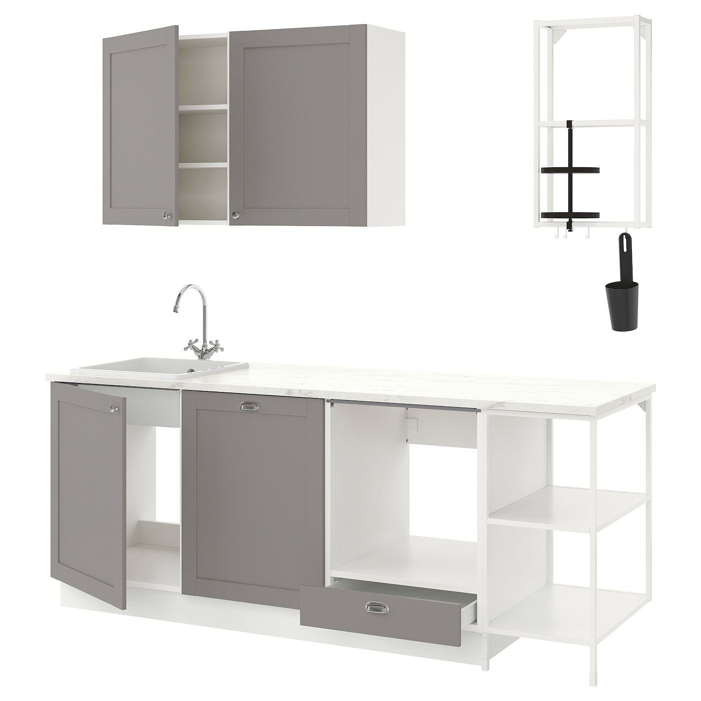IKEA ENHET kuchnia, biały/szary rama, 223x63.5x222 cm