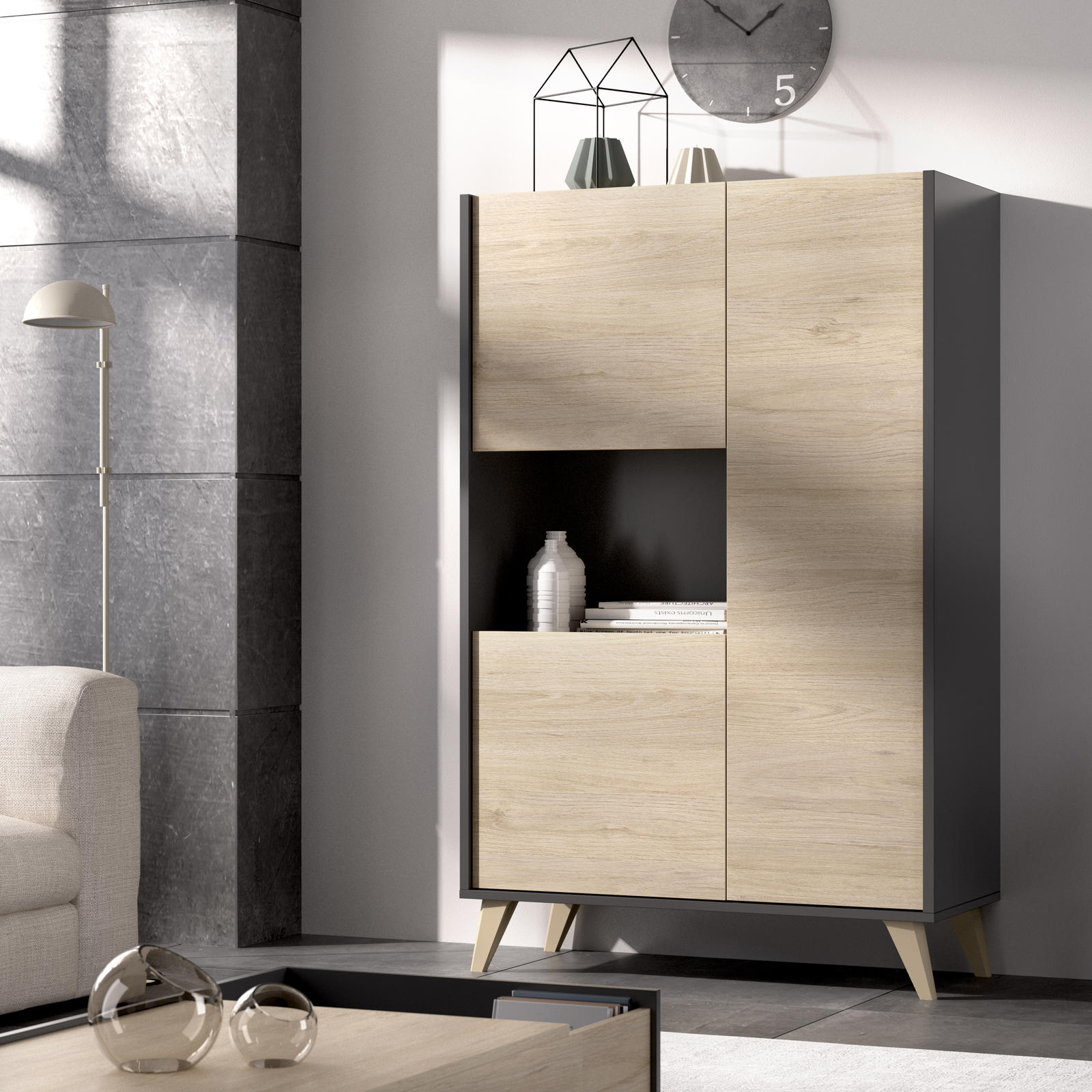 Designerska witryna z elementami retro Ness graphite