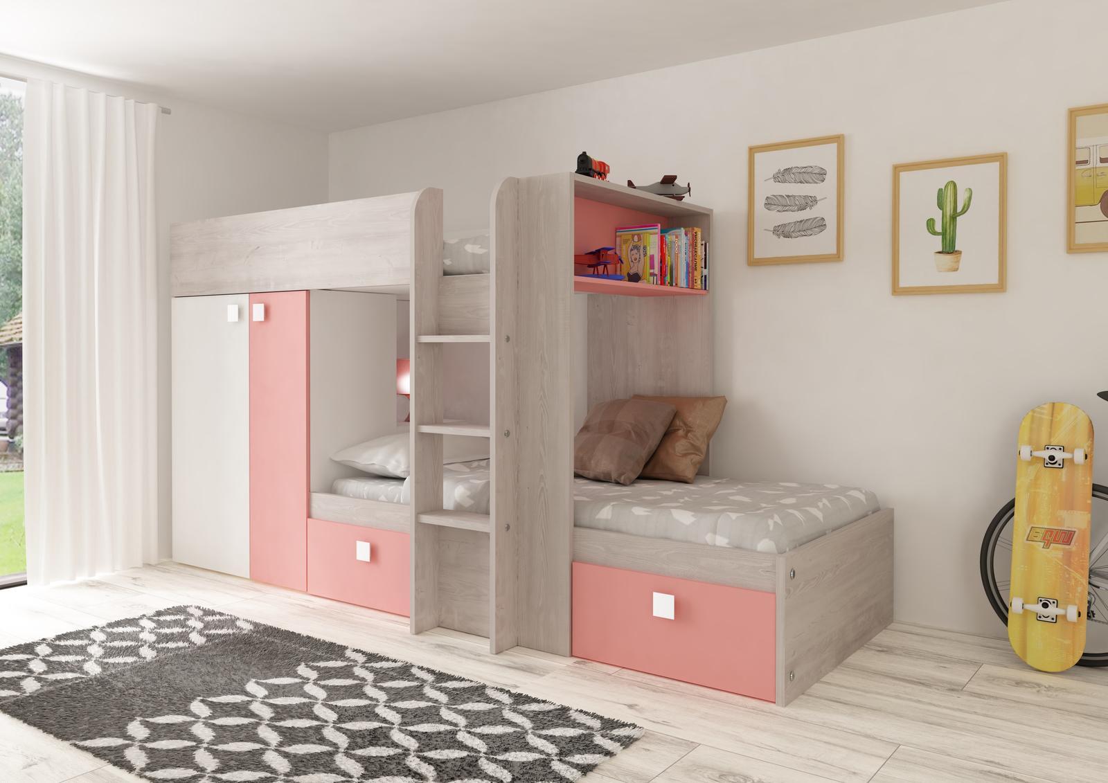 Łóżko piętrowe z szafą Bo1 flamingo różowe