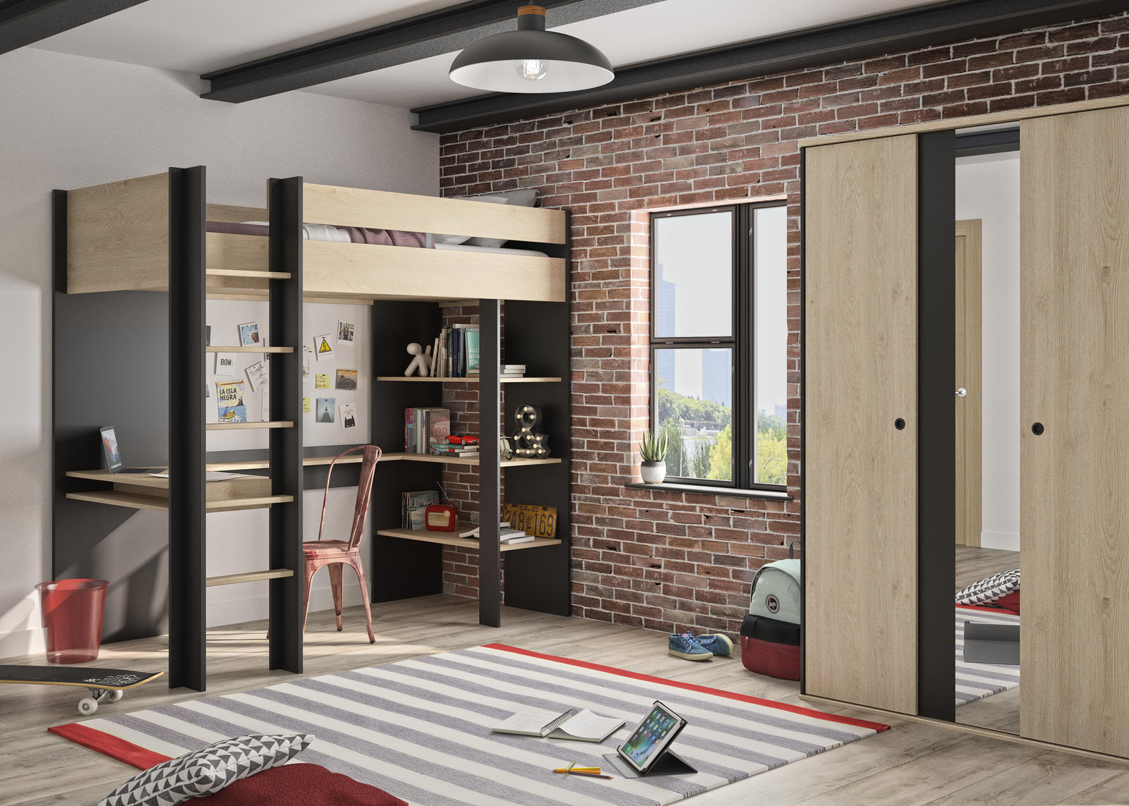 Łóżko piętrowe z półkami i biurkiem Duplex