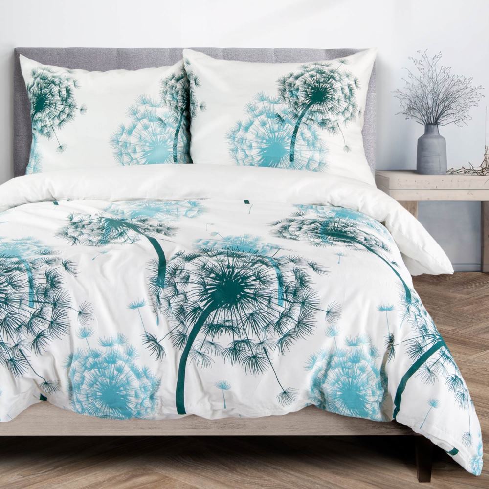Komplet pościeli 160x200 SATYNA 100% BAWEŁNA roślinny niebieskie dmuchawce