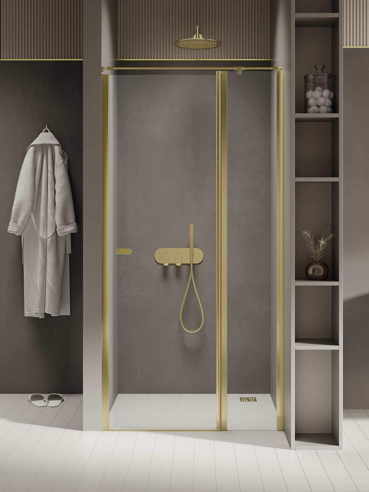 Darmowa Dostawa - Drzwi prysznicowe 90 cm uchylne złoty połysk/szkło przezroczyste New Trendy New Soleo Light Gold D0482AWK