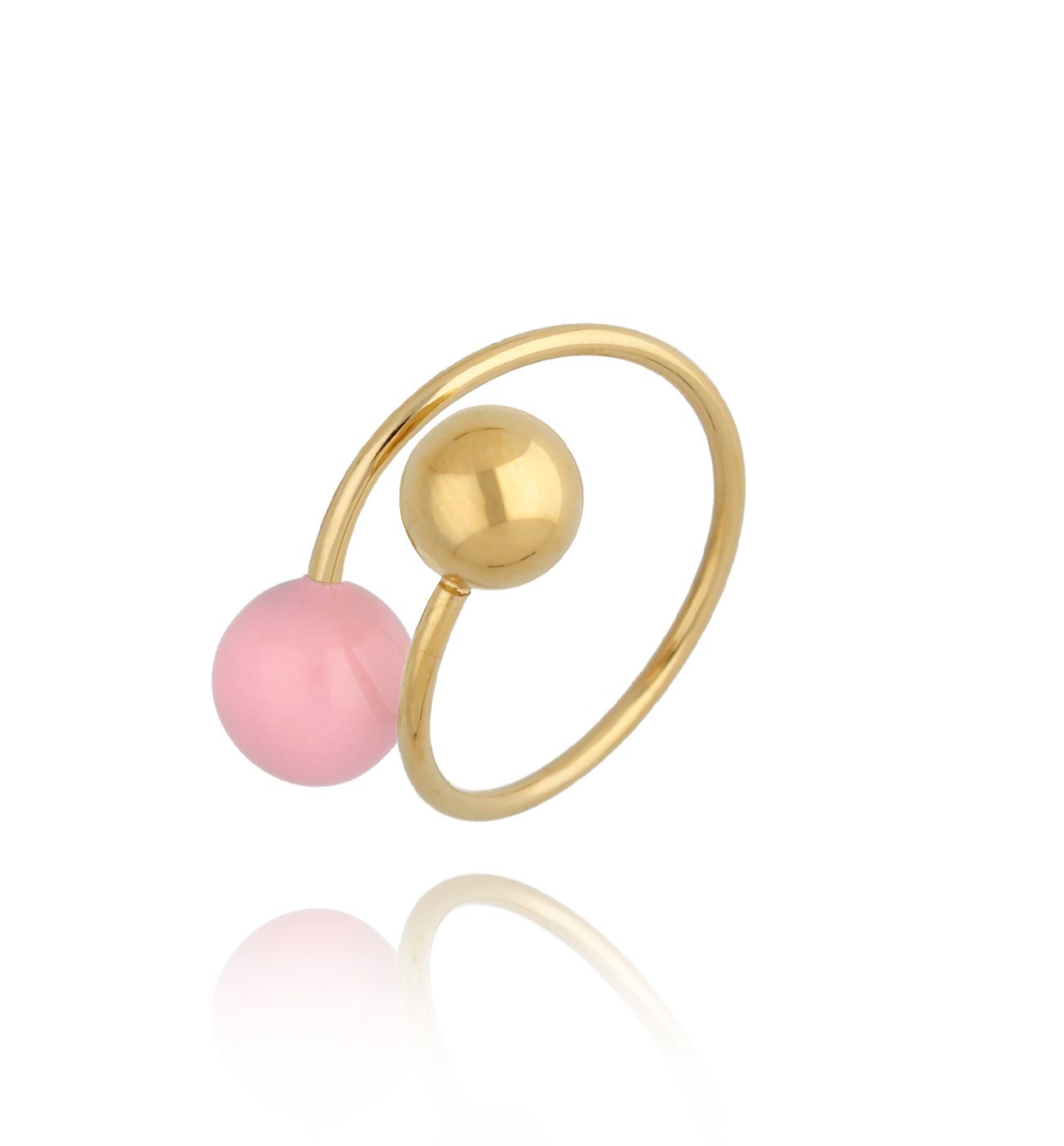 Pierścionek złoty z kulkami i różową emalią Enamel Balls - By Dziubeka