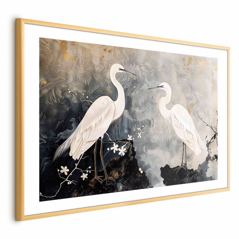 Plakat Artgeist Czaple i kwiat wiśni 42x29,7 cm z ramą złotą 1 szt