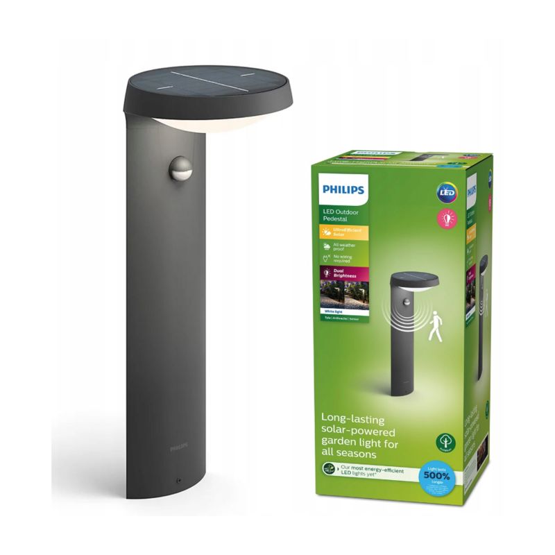 Słupek ogrodowy Philips solarny z czujnikiem ruchu LED Tyla IR 1,2W 3000K 255lm IP44 40cm antracyt 1 szt.