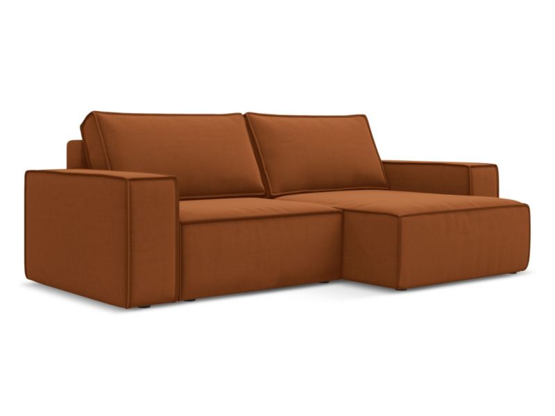 Narożnik prawostronny z funkcją spania Makamii Kimo z weluru 257x148 cm terakota 1 szt.