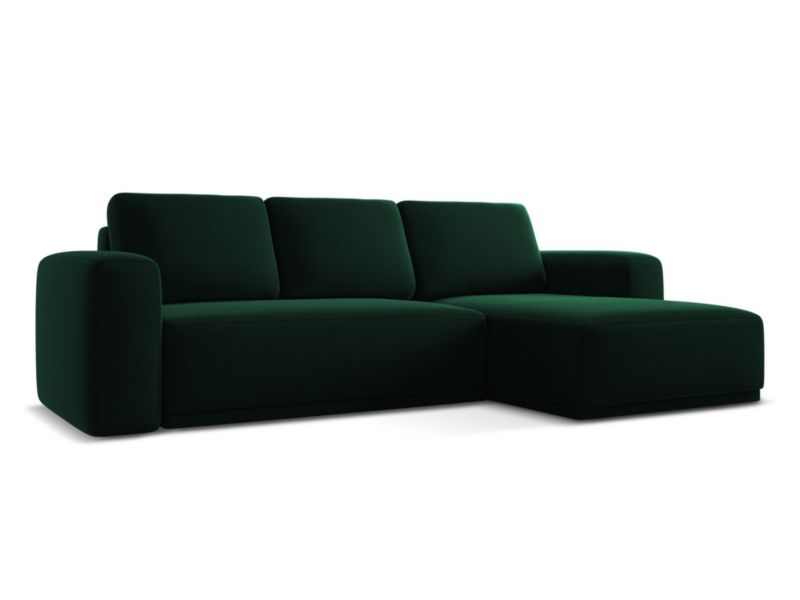 Narożnik prawostronny z funkcją spania Makamii Kaila z weluru 258x160 cm butelkowa zieleń 1 szt.