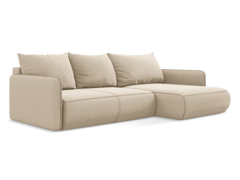 Narożnik prawostronny z funkcją spania Makamii Nanea z weluru 240x148 cm jasny beż 1 szt.