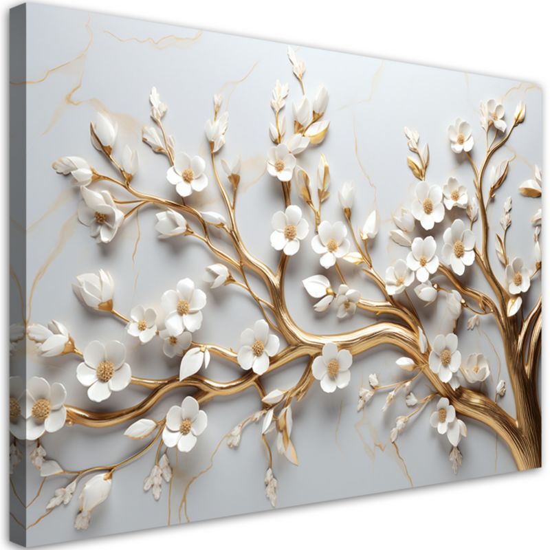 Obraz do salonu sypialni Feeby Drzewo Liście Biały Złoty 3D 90x60cm 1szt
