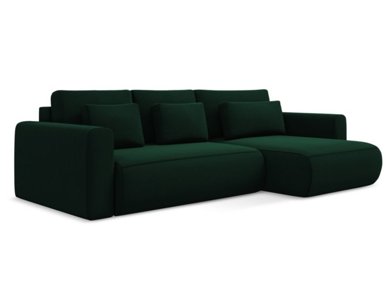 Narożnik prawostronny z funkcją spania Makamii Kapua z weluru 278x149 cm butelkowa zieleń 1 szt.
