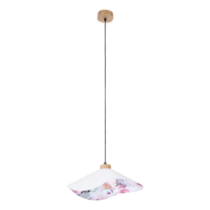 Drewniana Lampa Wisząca SPOT Light 1xE27 Max.40W Dąb Olejowany FSC z Szarym Abażurem w Kwiatowy Wzór, 1 szt.