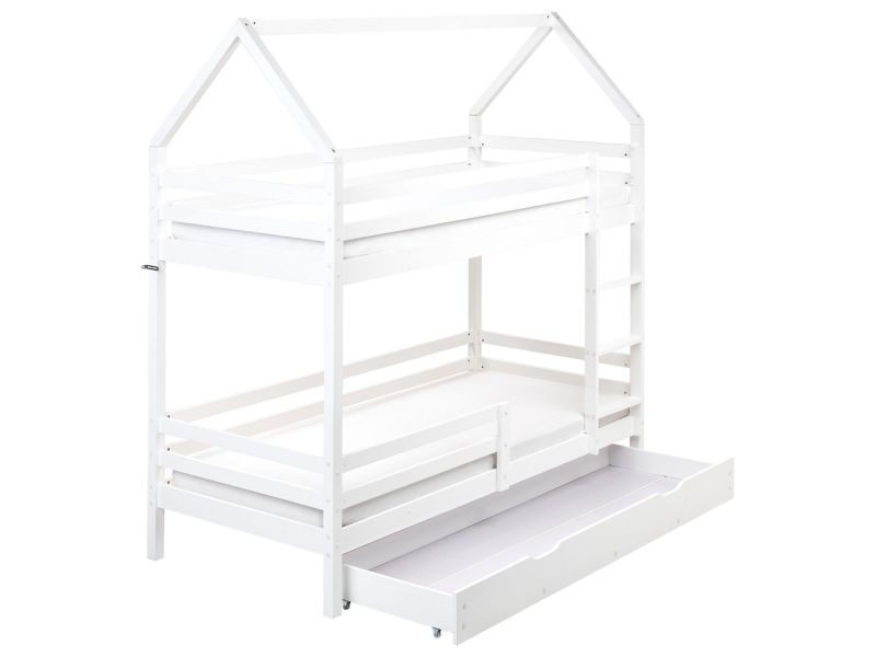 Łóżko piętrowe z szufladami Domek Drewno Girgols 90 x 200 cm ze schowkiem Biały 1 szt.