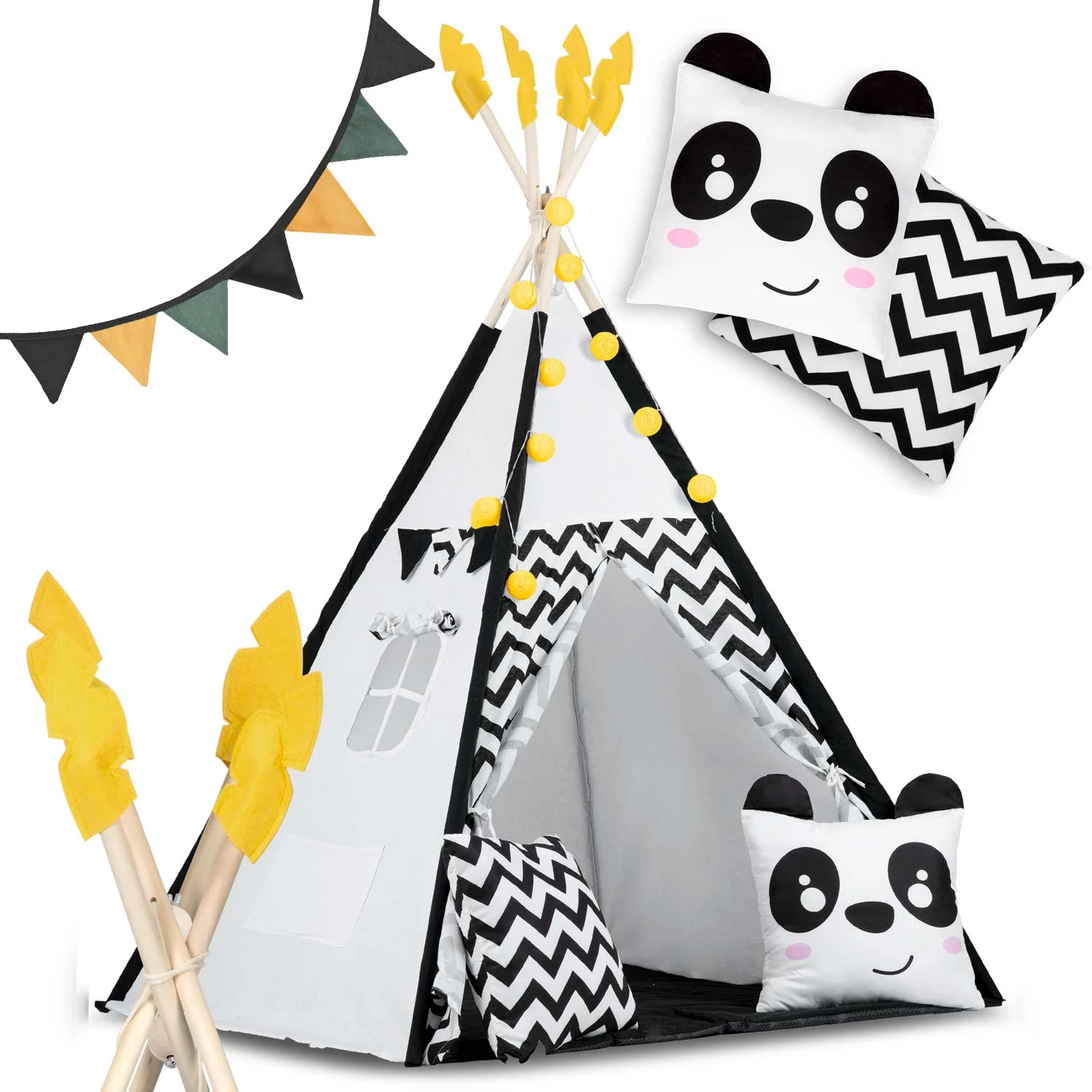 Namiot tipi dla dzieci z girlandą i światełkami Panda JS