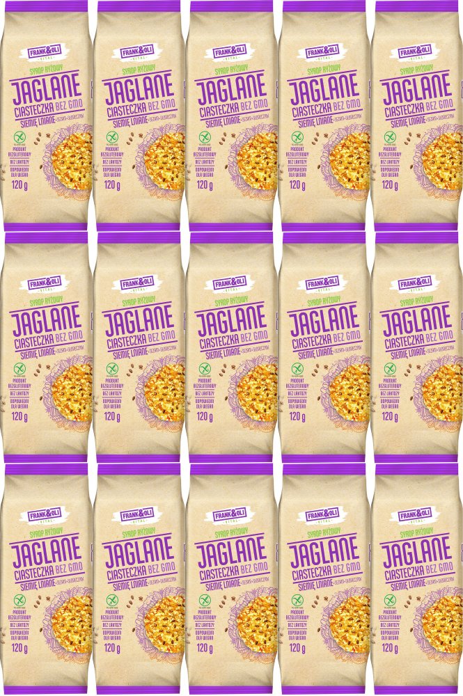 15x Ciasteczka jaglane Frank&Oli, bez GMO, z siemieniem lnianym, sezamem i słonecznikiem, 120g