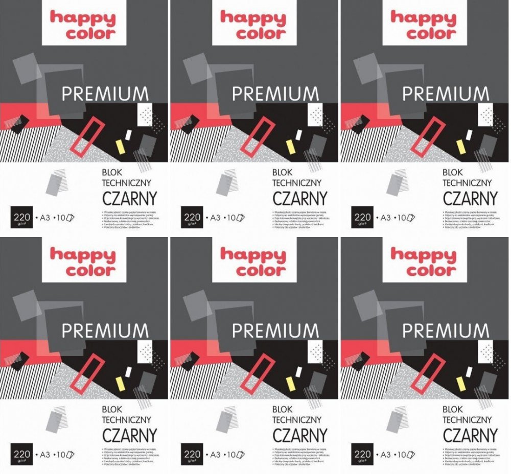 6x Blok techniczny Happy Color Premium, A3, 10 kartek, czarny