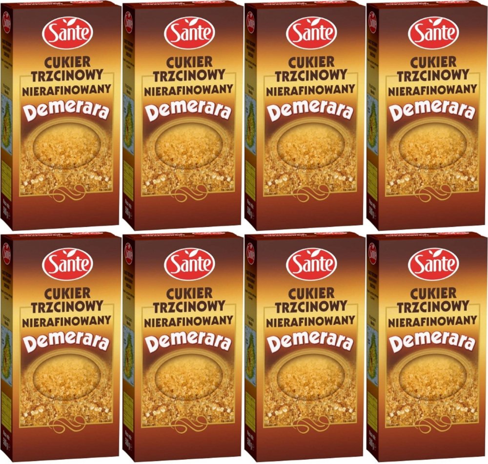8x Cukier trzcinowy brązowy Sante Demerara, 500g