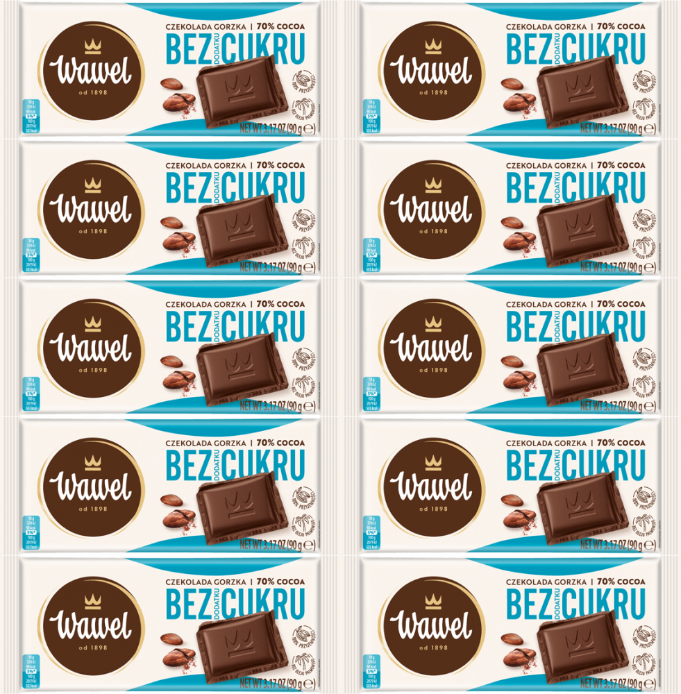 10x Czekolada Wawel Gorzka 70% cocoa, bez dodatku cukru, 90g