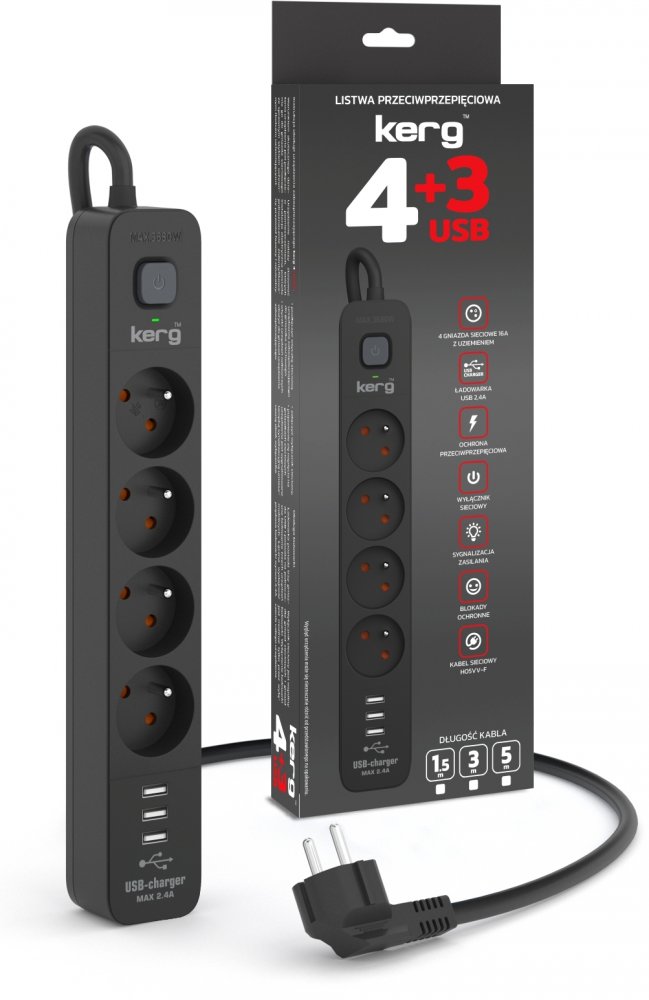 Listwa przeciwprzepięciowa Kerg, 3m, 4 gniazda + ładowarka 3xUSB-A, czarny