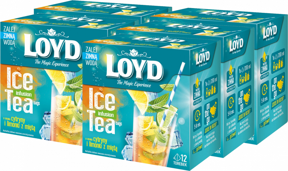 5x Herbata owocowo-ziołowa w piramidkach Loyd Ice Tea, cytryna/limonka/mięta, 12 sztuk x 2.5g