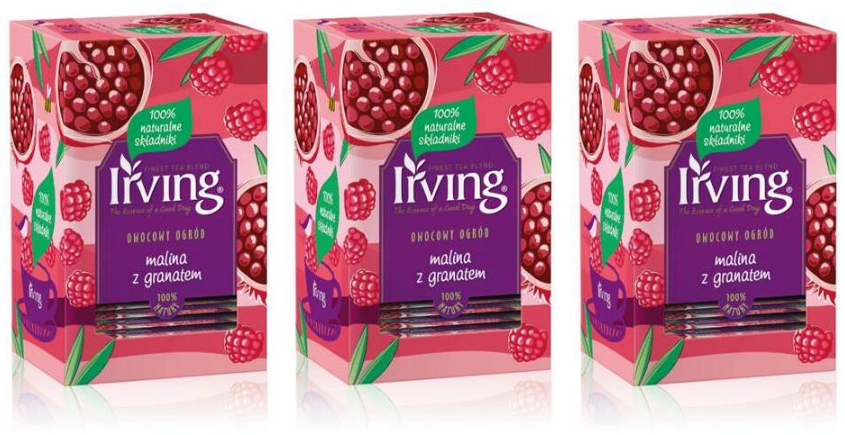 3x Herbata owocowa w kopertach Irving, malina z granatem, 20 sztuk x 2g