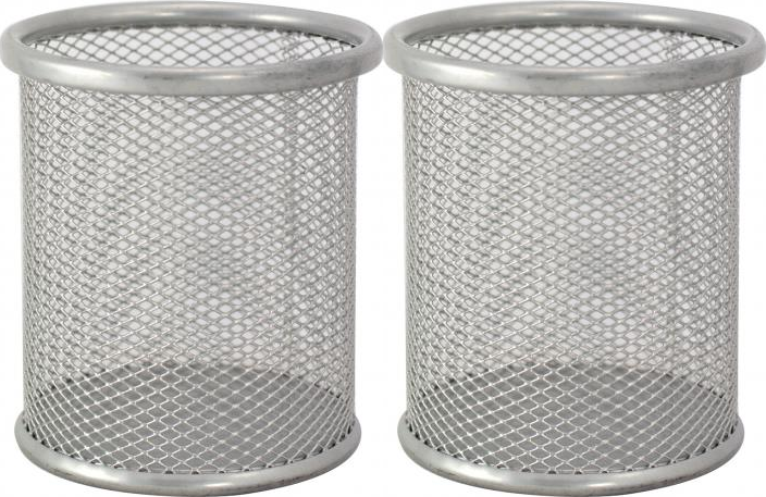 2x Kubek na długopisy MemoBe, 9.5x9x9cm, metalowy (druciany), srebrny