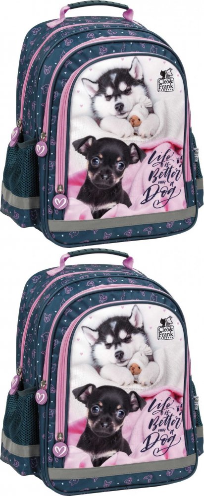 2x Plecak szkolny Derform 15 B Cleo&Frank 38 (Pies), dwukomorowy, 18l, 38x28x18cm, granatowy
