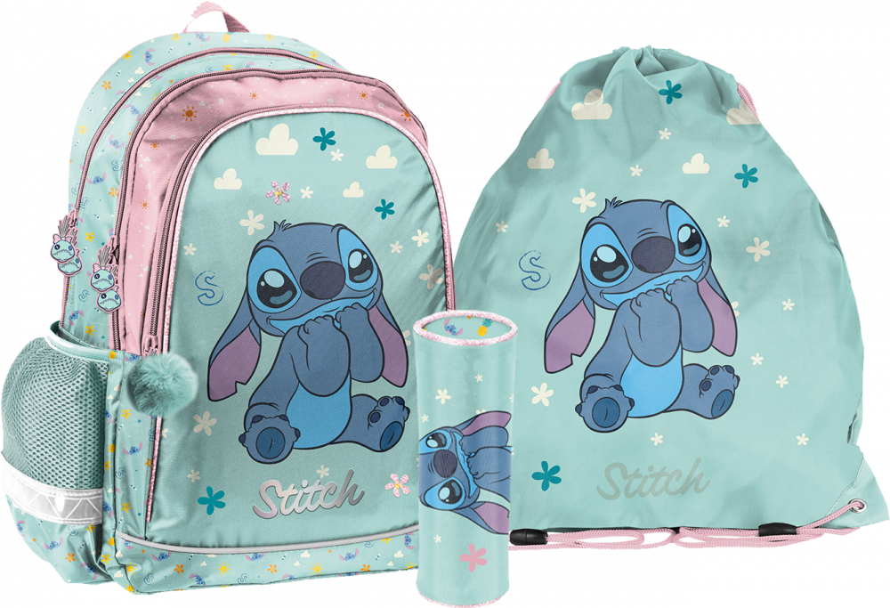 Zestaw: Plecak dwukomorowy + piórnik tuba + worek na buty Paso Disney Stitch