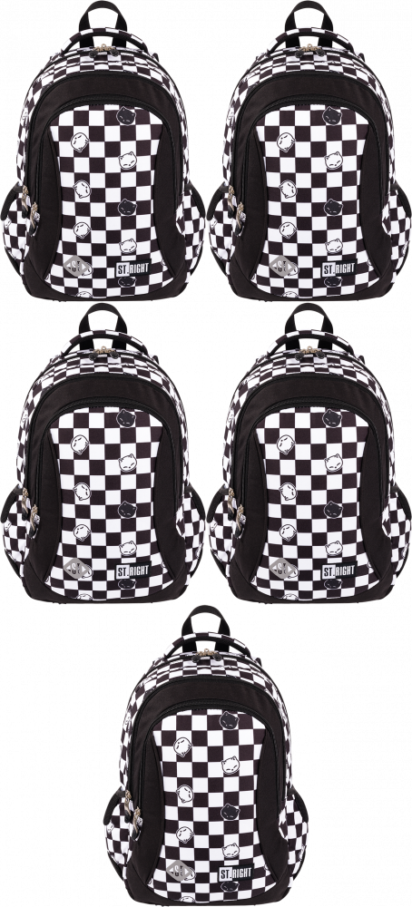 5x Plecak szkolny St.Right BP26 Chess Cats, trzykomorowy, 20l, 39x27x17cm, czarno-biały