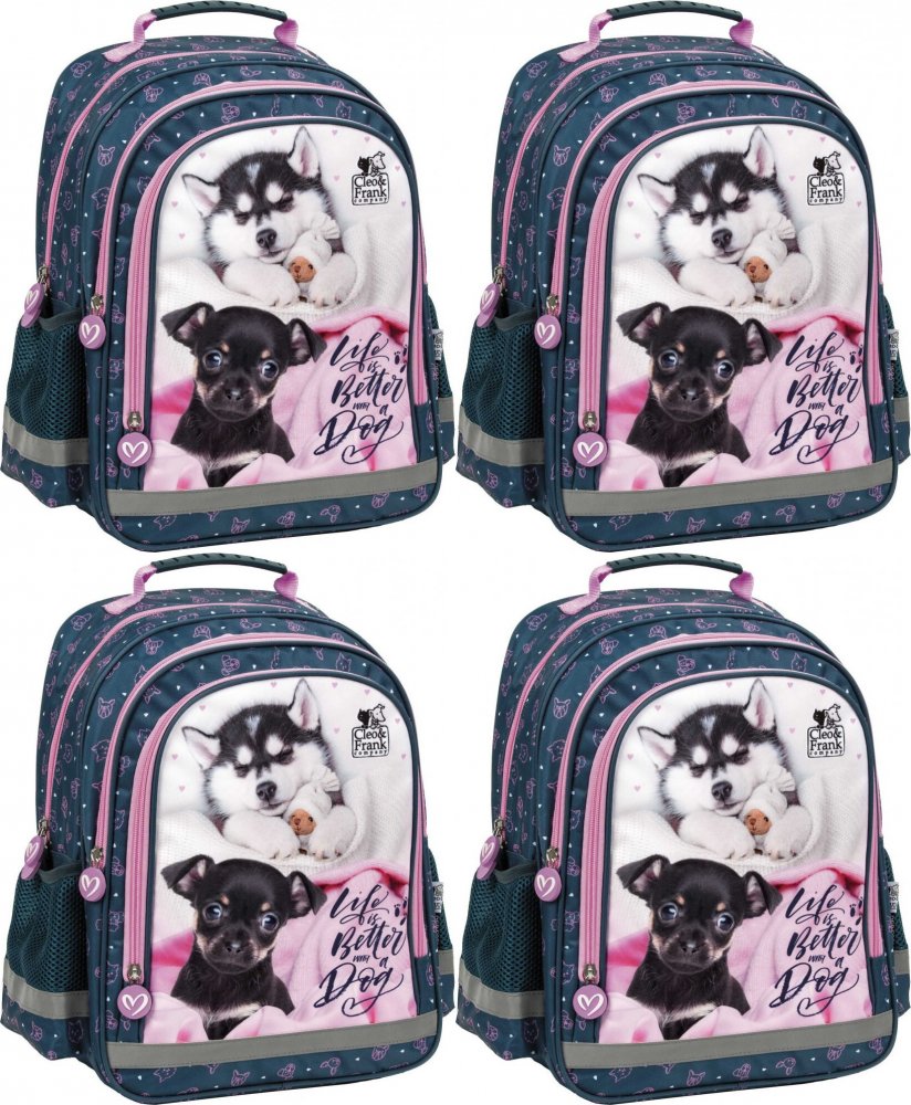 4x Plecak szkolny Derform 15 B Cleo&Frank 38 (Pies), dwukomorowy, 18l, 38x28x18cm, granatowy