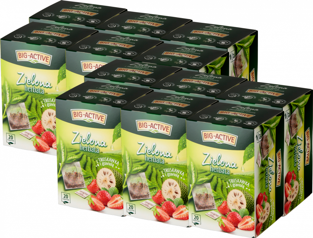 12x Herbata zielona smakowa w kopertach Big-Active, truskawka i graviola, 20 sztuk x 1.5g