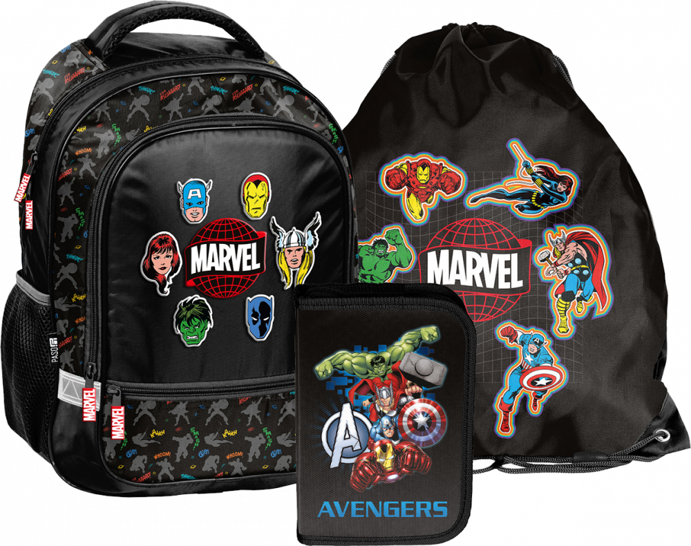 Zestaw: Plecak dwukomorowy + piórnik AV25LL+ worek na buty AV25AE-712 Paso Avengers