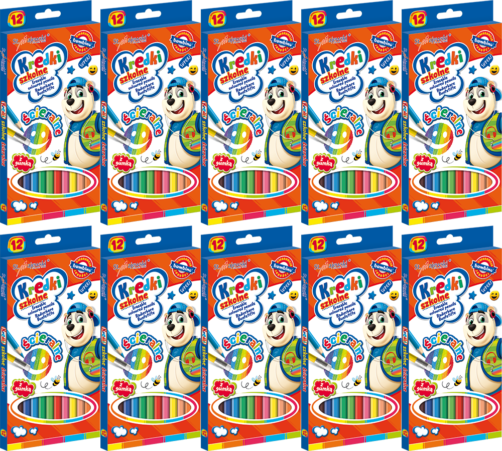 10x Kredki Bambino Zwierzaki Uczniaki, ścieralne, 12 sztuk, mix kolorów