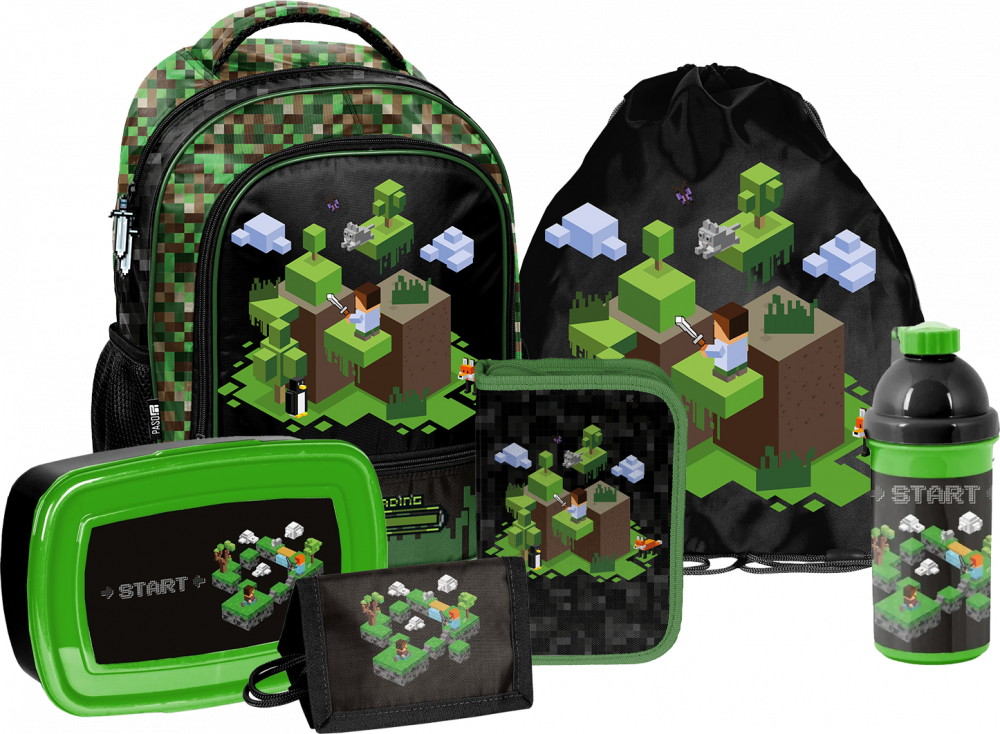 Zestaw: Plecak + piórnik + worek na buty + portfel + bidon na wodę + lunchbox Paso Minecraft