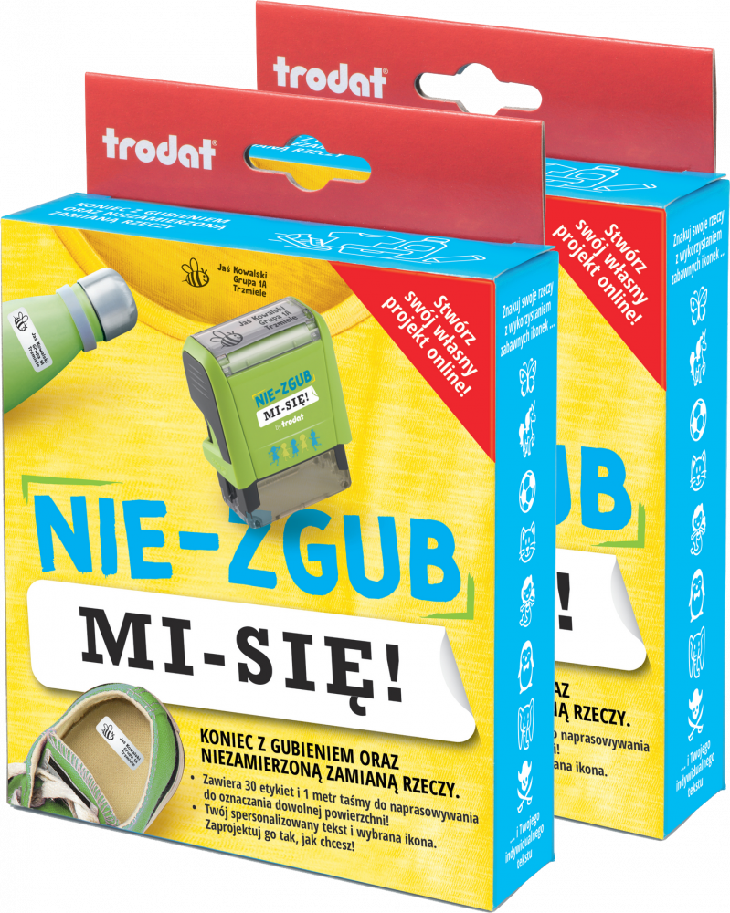 2x Pieczątka do ubrań i rzeczy Trodat „Nie-zgub mi-się”, zestaw z literkami