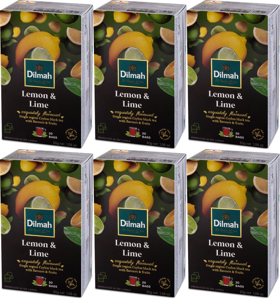 6x Herbata czarna aromatyzowana w torebkach Dilmah, Lemon & Lime, 20 sztuk x 1.5g