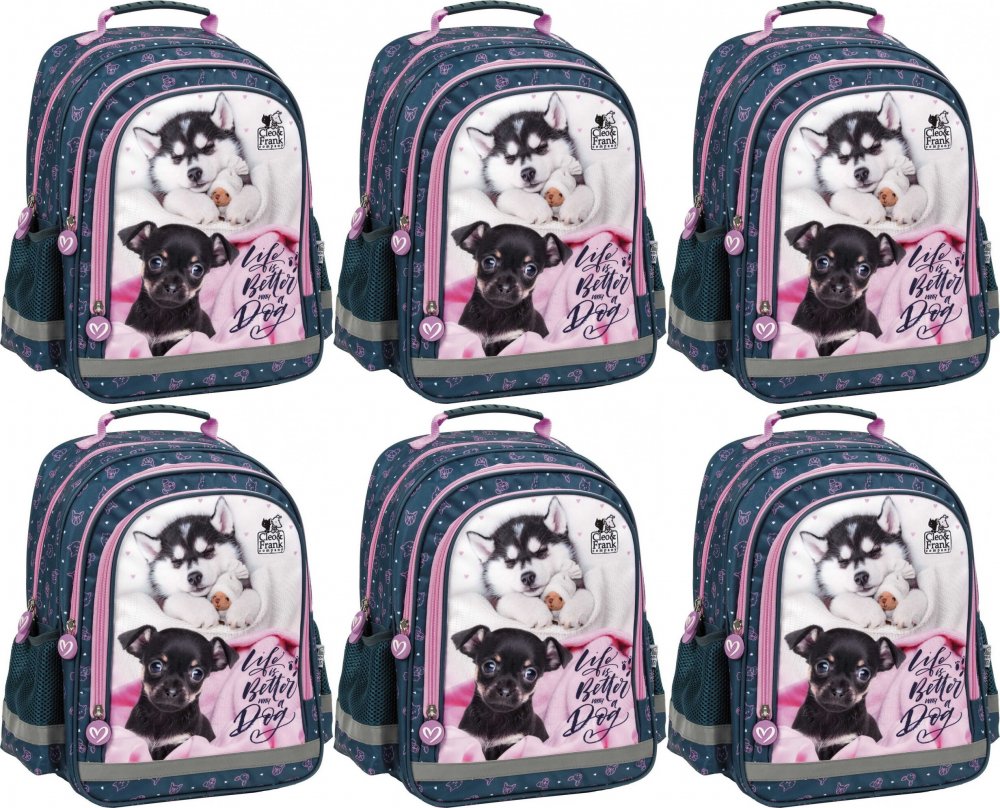 6x Plecak szkolny Derform 15 B Cleo&Frank 38 (Pies), dwukomorowy, 18l, 38x28x18cm, granatowy