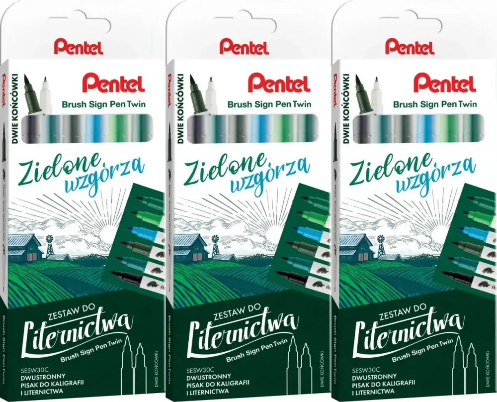 3x Pisaki do kaligrafii i liternictwa Pentel Brush Sign Pen Twin SESW30C Zielone Wzgórza, dwustronne, 6 sztuk, mix kolorów